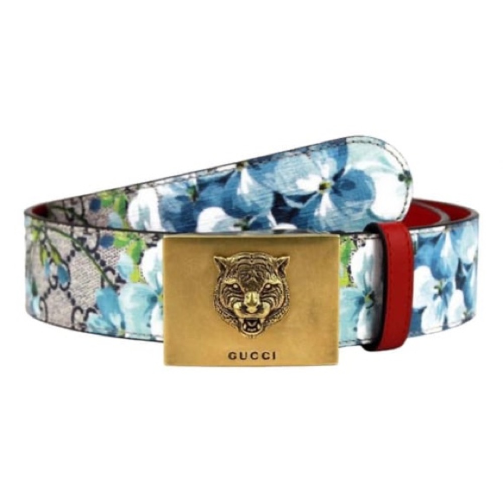 GUCCI GG Plus Monogram Blooms Plaque Belt 80/32 Blue floral loin w/ head buckle